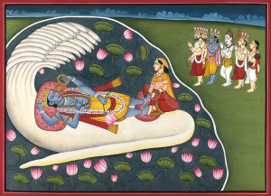 Contemporary painting of Vishnu seated in the Ocean of Milk, as Brahma, Shiva and other deities approach from the shore. Illustration by Kailash Raj (1) (Click to enlarge)